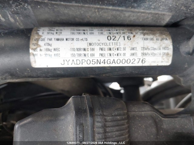 12689371 :رقم المزاد ، JYADP05N4GA000276 vin ، 2016 Yamaha Xt1200ze مزاد بيع