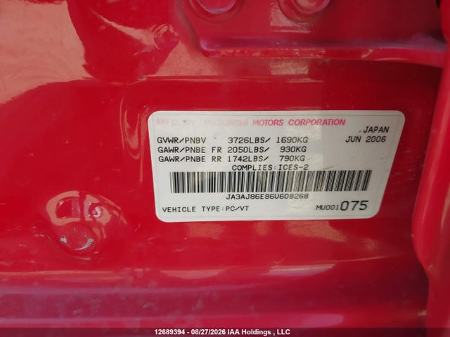 Aukcja sprzedaży 2006 Mitsubishi Lancer Oz Rally, vin: JA3AJ86E86U608268, numer aukcji: 12689394