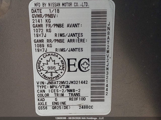 2018 Nissan Rogue S/sl/sv მანქანა იყიდება აუქციონზე, vin: JN8AT2MV2JW321442, აუქციონის ნომერი: 12689399