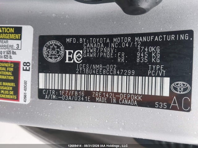 Продажа на аукционе авто 2012 Toyota Corolla S/le, vin: 2T1BU4EE8CC847299, номер лота: 12689414