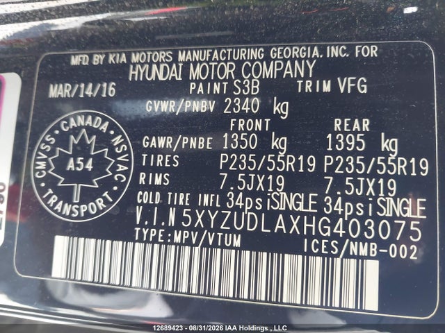 12689423 :رقم المزاد ، 5XYZUDLAXHG403075 vin ، 2017 Hyundai Santa Fe Sport مزاد بيع