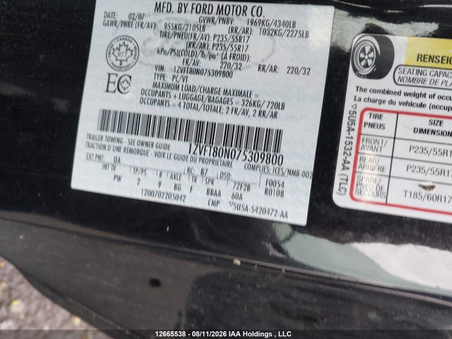 12665538 :رقم المزاد ، 1ZVFT80N075309800 vin ، 2007 Ford Mustang مزاد بيع