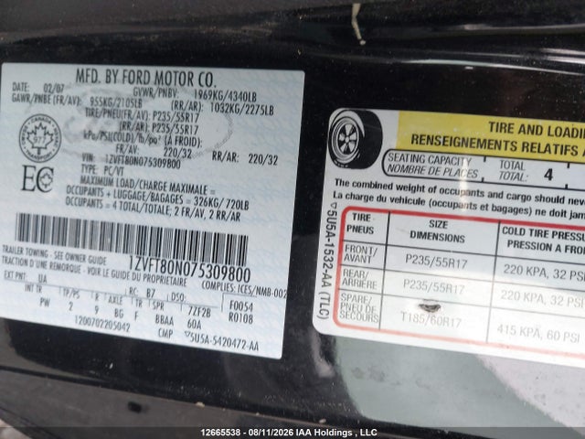 12665538 :رقم المزاد ، 1ZVFT80N075309800 vin ، 2007 Ford Mustang مزاد بيع