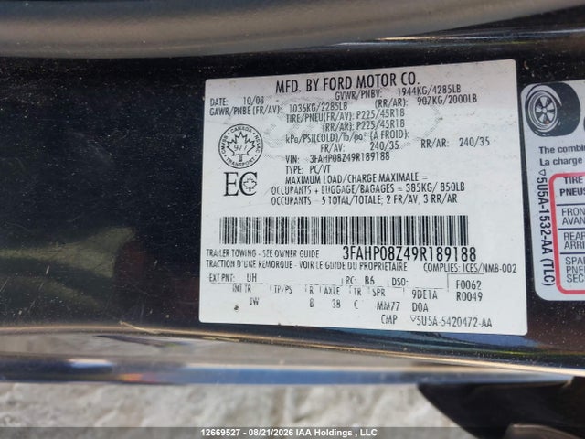 Продажа на аукционе авто 2009 Ford Fusion Sel, vin: 3FAHP08Z49R189188, номер лота: 12669527