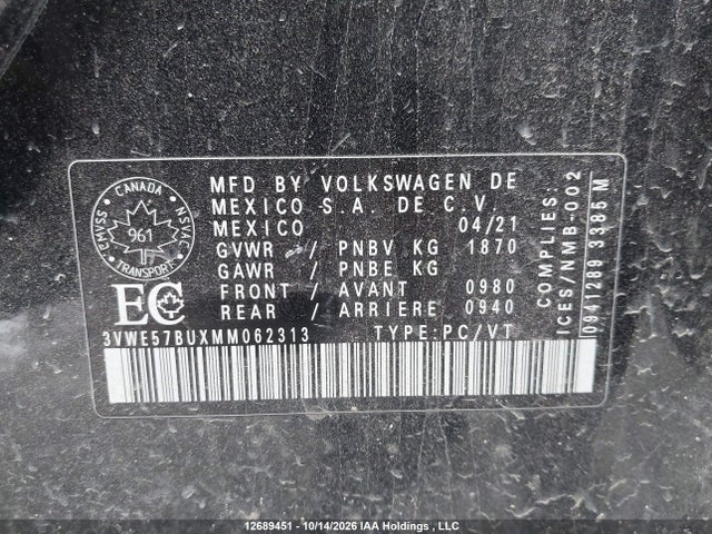 Aukcja sprzedaży 2021 Volkswagen Jetta Highline, vin: 3VWE57BUXMM062313, numer aukcji: 12689451