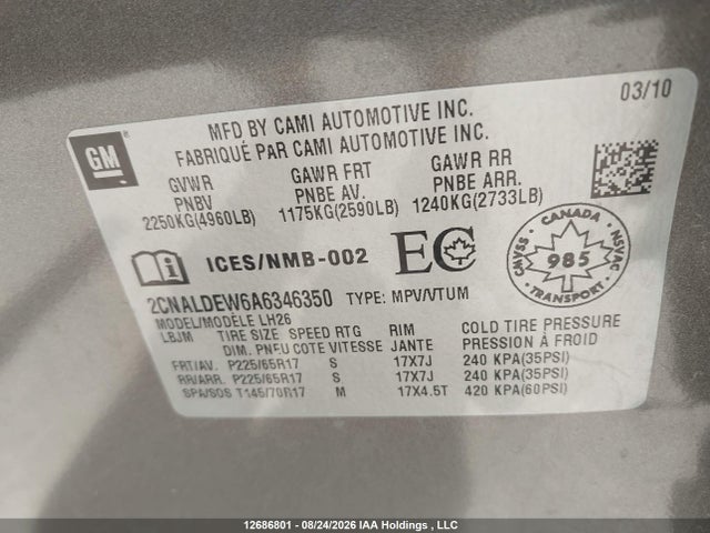 Продаж на аукціоні авто 2010 Chevrolet Equinox Lt, vin: 2CNALDEW6A6346350, номер лоту: 12686801