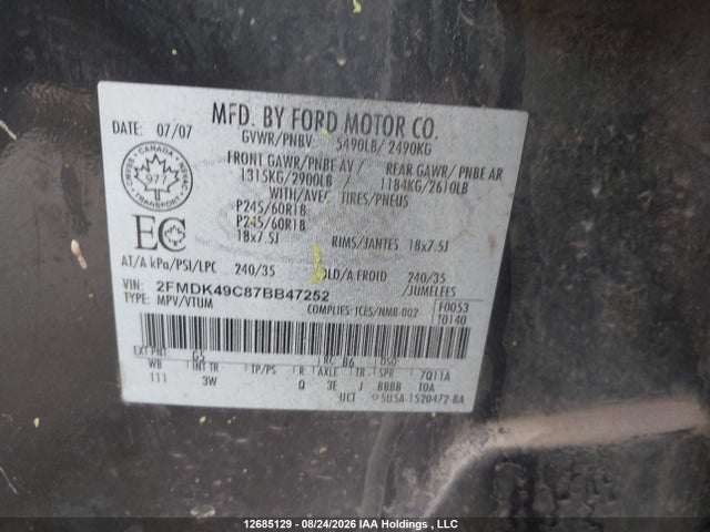 Aukcja sprzedaży 2007 Ford Edge Sel Plus, vin: 2FMDK49C87BB47252, numer aukcji: 12685129