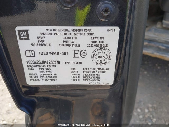 2004 Chevrolet Silverado 2500 Ls/lt მანქანა იყიდება აუქციონზე, vin: 1GCGK23U84F238278, აუქციონის ნომერი: 12684465