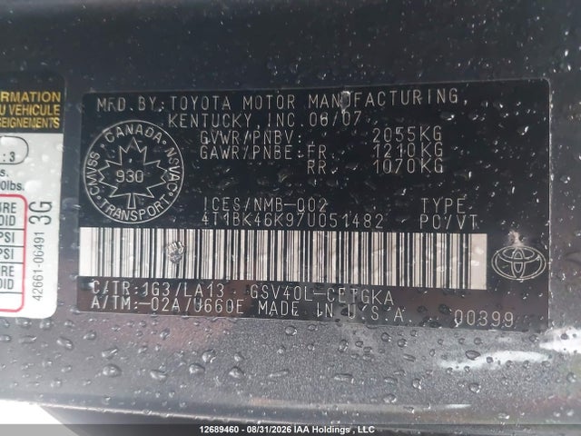12689460 :رقم المزاد ، 4T1BK46K97U051482 vin ، 2007 Toyota Camry Le/xle/se مزاد بيع