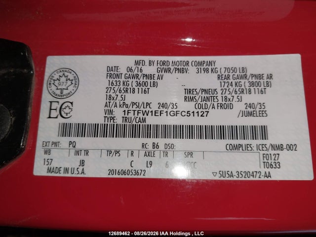 1FTFW1EF1GFC51127 Ford F150 Supercrew