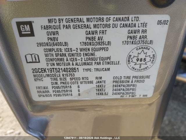 2002 Chevrolet Silverado 1500 Ls/lt მანქანა იყიდება აუქციონზე, vin: 2GCEK19T521402851, აუქციონის ნომერი: 12667911