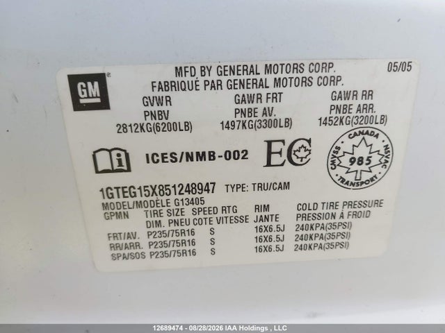Aukcja sprzedaży 2005 Gmc Savana Standard, vin: 1GTEG15X851248947, numer aukcji: 12689474