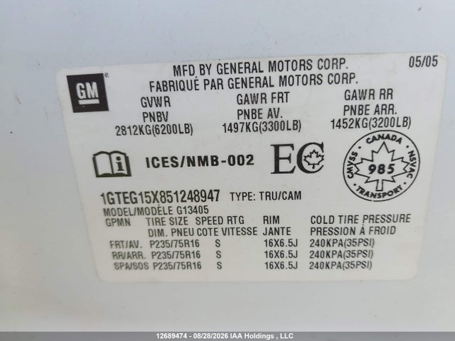 Aukcja sprzedaży 2005 Gmc Savana Standard, vin: 1GTEG15X851248947, numer aukcji: 12689474