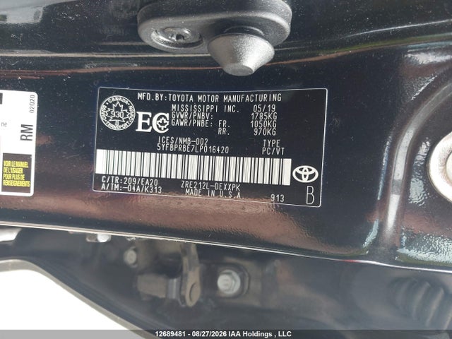 12689481 :رقم المزاد ، 5YFBPRBE7LP016420 vin ، 2020 Toyota Corolla Xle مزاد بيع