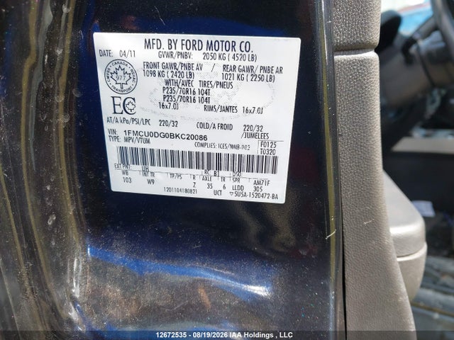 Aukcja sprzedaży 2011 Ford Escape Xlt Automatic, vin: 1FMCU0DG0BKC20086, numer aukcji: 12672535
