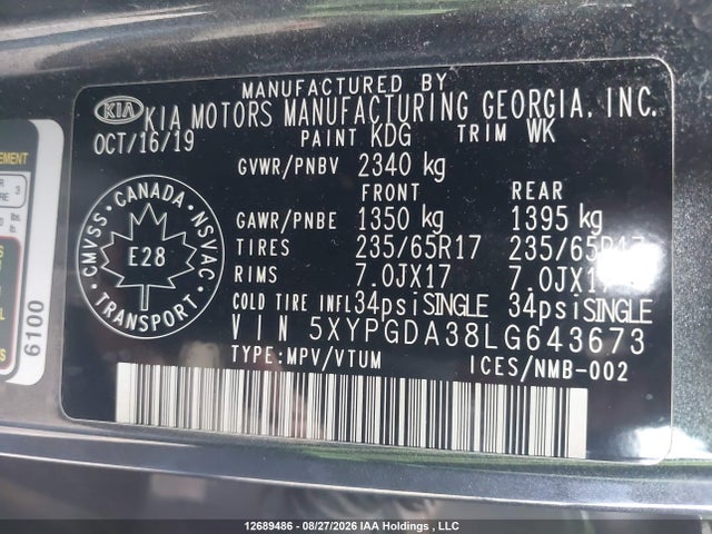 5XYPGDA38LG643673 KIA Sorento L/lx