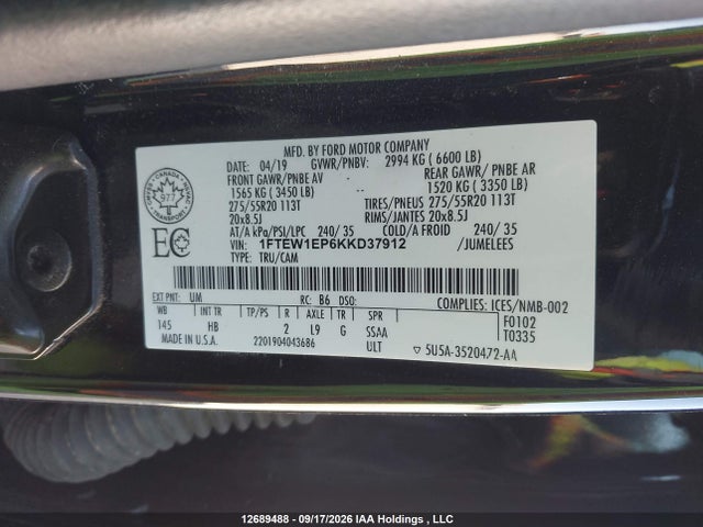 Aukcja sprzedaży 2019 Ford F150 Supercrew, vin: 1FTEW1EP6KKD37912, numer aukcji: 12689488