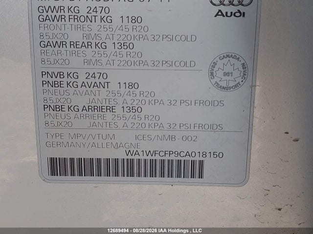 Aukcja sprzedaży 2012 Audi Q5 Prestige, vin: WA1WFCFP9CA018150, numer aukcji: 12689494