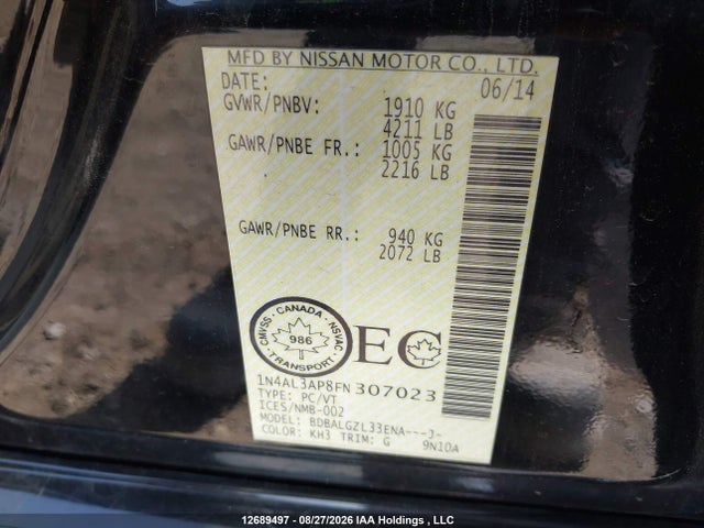 12689497 :رقم المزاد ، 1N4AL3AP8FN307023 vin ، 2015 Nissan Altima 2.5/2.5 S/2.5 Sl/2.5 Sv مزاد بيع