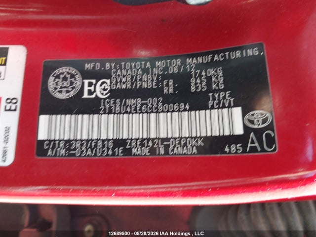 Aukcja sprzedaży 2012 Toyota Corolla, vin: 2T1BU4EE6CC900694, numer aukcji: 12689500