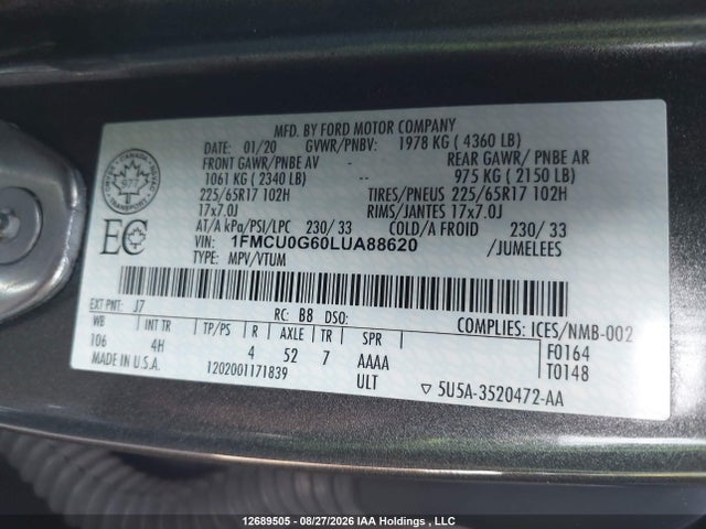 Ford ESCAPE SE 2020 1FMCU0G60LUA88620 Image 9