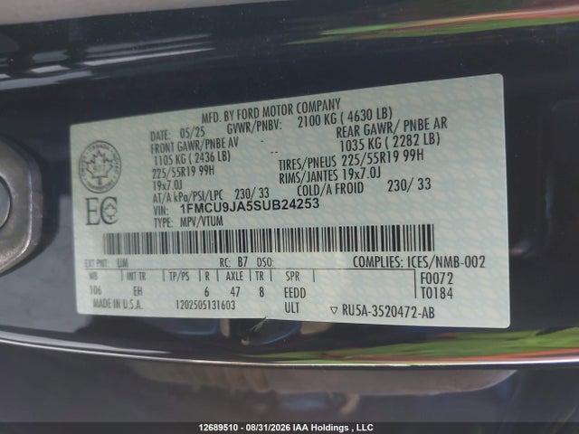 Aukcja sprzedaży 2025 Ford Escape Platinum, vin: 1FMCU9JA5SUB24253, numer aukcji: 12689510