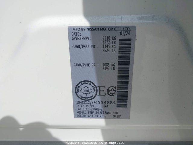 12689514 :رقم المزاد ، 1N4CZ1CV2RC554884 vin ، 2024 Nissan Leaf Sv/sv Plus مزاد بيع