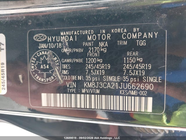 12689518 :رقم المزاد ، KM8J3CA21JU662690 vin ، 2018 Hyundai Tucson Limited/sport And Eco/se مزاد بيع