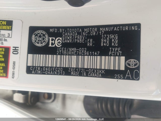 Продаж на аукціоні авто 2017 Toyota Corolla L/le/xle/se/xse, vin: 2T1BURHE7HC961147, номер лоту: 12689541