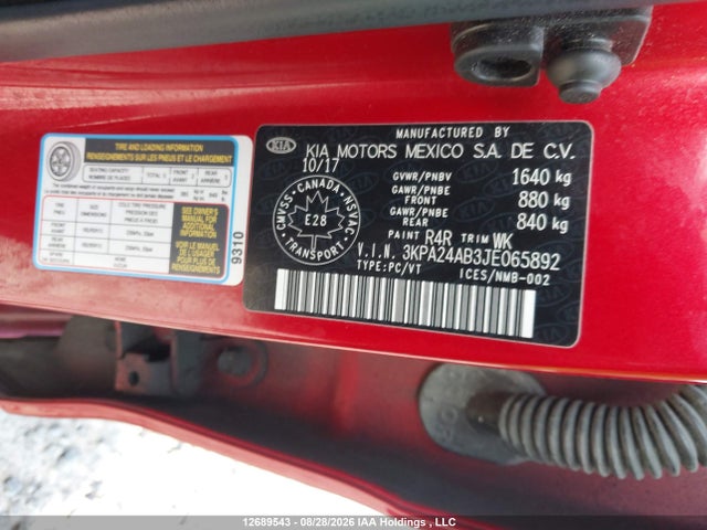 12689543 :رقم المزاد ، 3KPA24AB3JE065892 vin ، 2018 Kia Rio Lx/s مزاد بيع