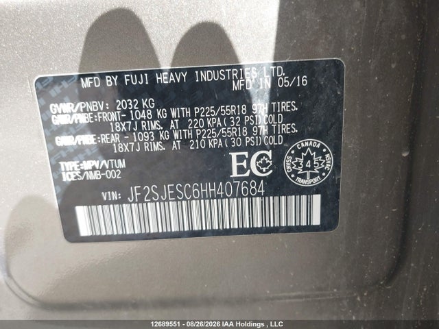 Aukcja sprzedaży 2017 Subaru Forester 2.5i Touring, vin: JF2SJESC6HH407684, numer aukcji: 12689551