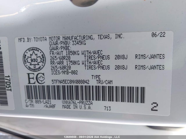 5TFNA5EC8NX008042 Toyota Tundra Platinum