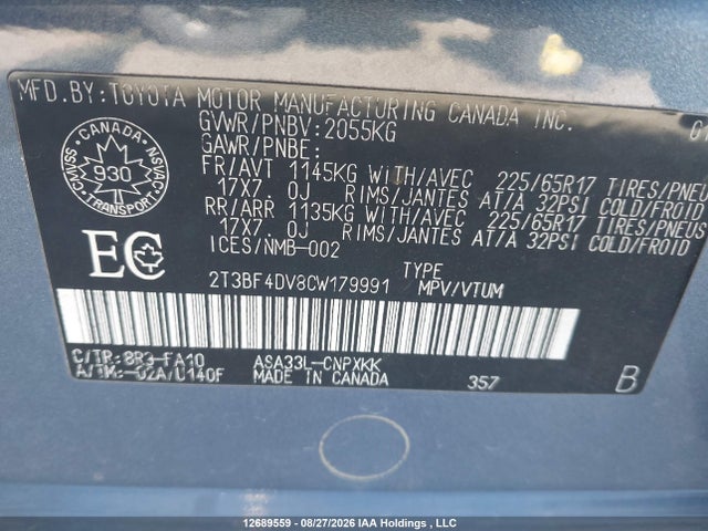 12689559 :رقم المزاد ، 2T3BF4DV8CW179991 vin ، 2012 Toyota Rav4 مزاد بيع