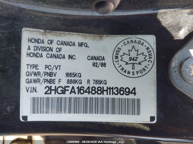 Продаж на аукціоні авто 2008 Honda Civic Dx-g, vin: 2HGFA16488H113694, номер лоту: 12689560