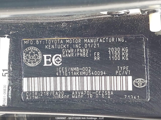 4T1G11AKXMU540094 Toyota Camry Se/se Night Shade