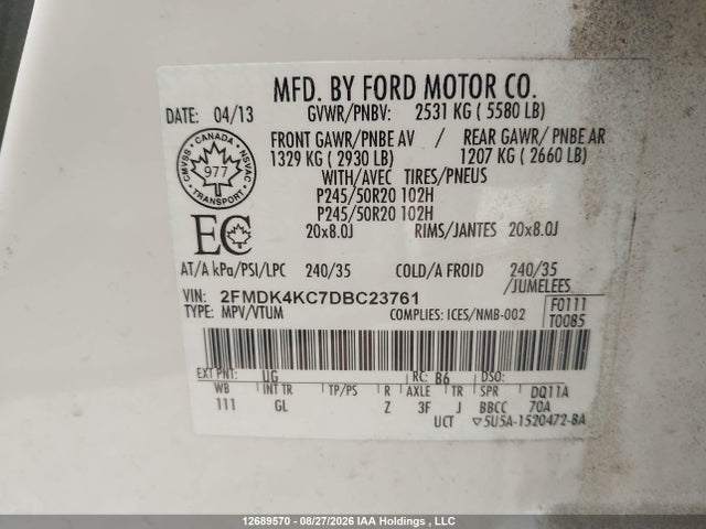 2013 Ford Edge Limited მანქანა იყიდება აუქციონზე, vin: 2FMDK4KC7DBC23761, აუქციონის ნომერი: 12689570