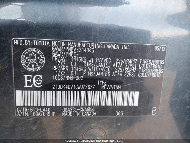 Продаж на аукціоні авто 2012 Toyota Rav4 Limited V6, vin: 2T3DK4DV1CW077677, номер лоту: 12689573