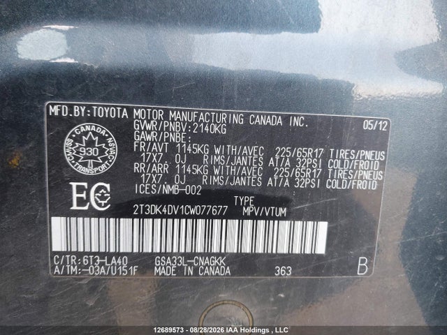 Продаж на аукціоні авто 2012 Toyota Rav4 Limited V6, vin: 2T3DK4DV1CW077677, номер лоту: 12689573