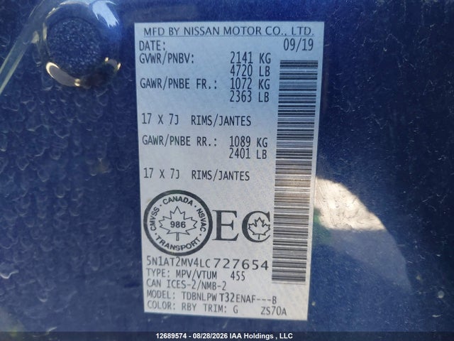 5N1AT2MV4LC727654 Nissan Rogue S/sl/sv