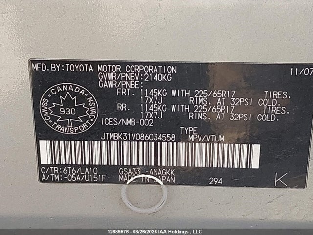 Aukcja sprzedaży 2008 Toyota Rav4 Limited, vin: JTMBK31V086034558, numer aukcji: 12689576