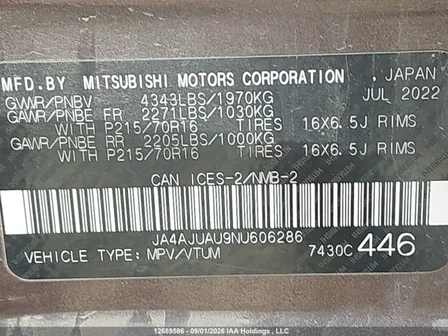 Aukcja sprzedaży 2022 Mitsubishi Rvr Es, vin: JA4AJUAU9NU606286, numer aukcji: 12689586