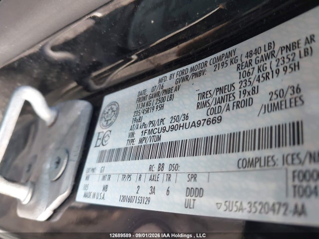 12689589 :رقم المزاد ، 1FMCU9J90HUA97669 vin ، 2017 Ford Escape مزاد بيع