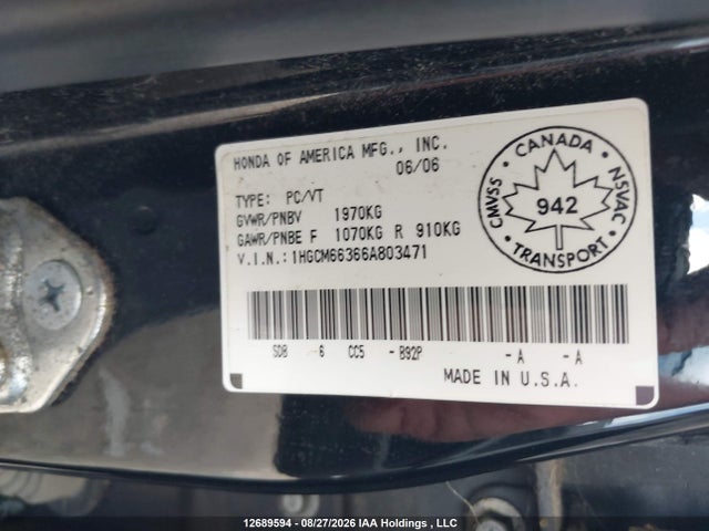 Aukcja sprzedaży 2006 Honda Accord Se V6, vin: 1HGCM66366A803471, numer aukcji: 12689594