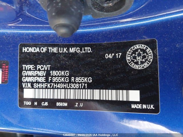 2017 Honda Civic Sport მანქანა იყიდება აუქციონზე, vin: SHHFK7H49HU308171, აუქციონის ნომერი: 12689597