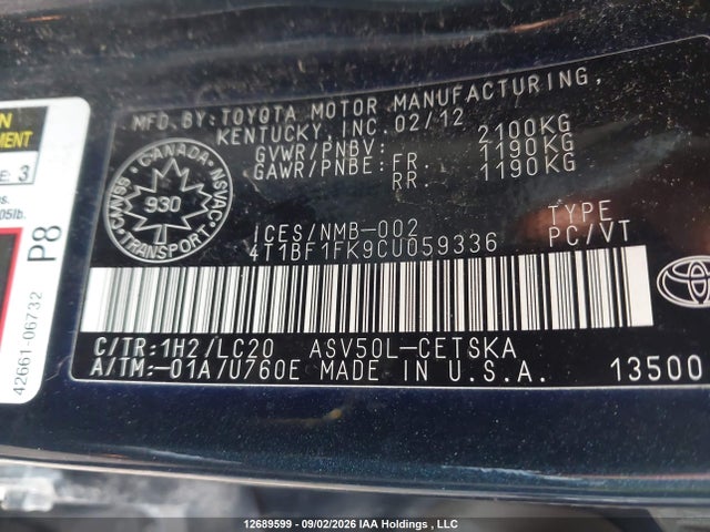 12689599 :رقم المزاد ، 4T1BF1FK9CU059336 vin ، 2012 Toyota Camry Se مزاد بيع