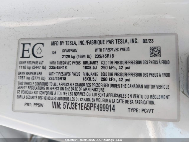 Продажа на аукционе авто 2023 Tesla Model 3 Rwd, vin: 5YJ3E1EA5PF499914, номер лота: 12689601