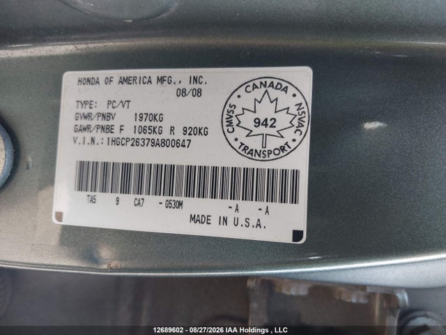 2008 Honda Accord მანქანა იყიდება აუქციონზე, vin: 1HGCP26379A800647, აუქციონის ნომერი: 12689602