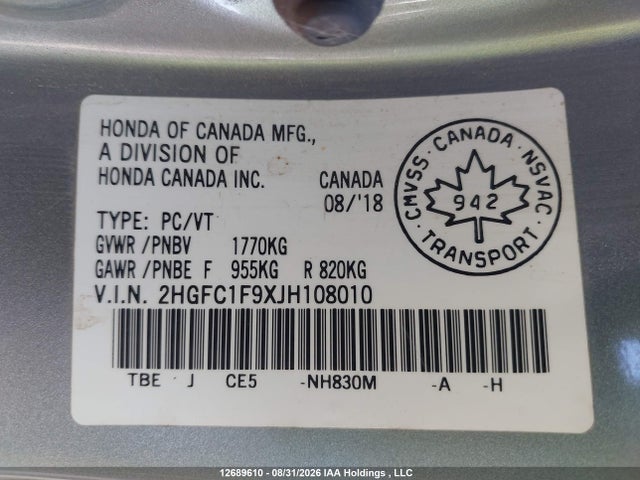 Продажа на аукционе авто 2018 Honda Civic Touring, vin: 2HGFC1F9XJH108010, номер лота: 12689610