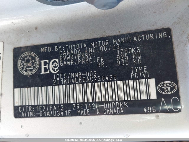 12689613 :رقم المزاد ، 2T1KU4EE0AC226426 vin ، 2010 Toyota Corolla Matrix مزاد بيع