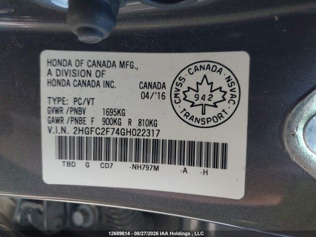 Продажа на аукционе авто 2016 Honda Civic Ex, vin: 2HGFC2F74GH022317, номер лота: 12689614